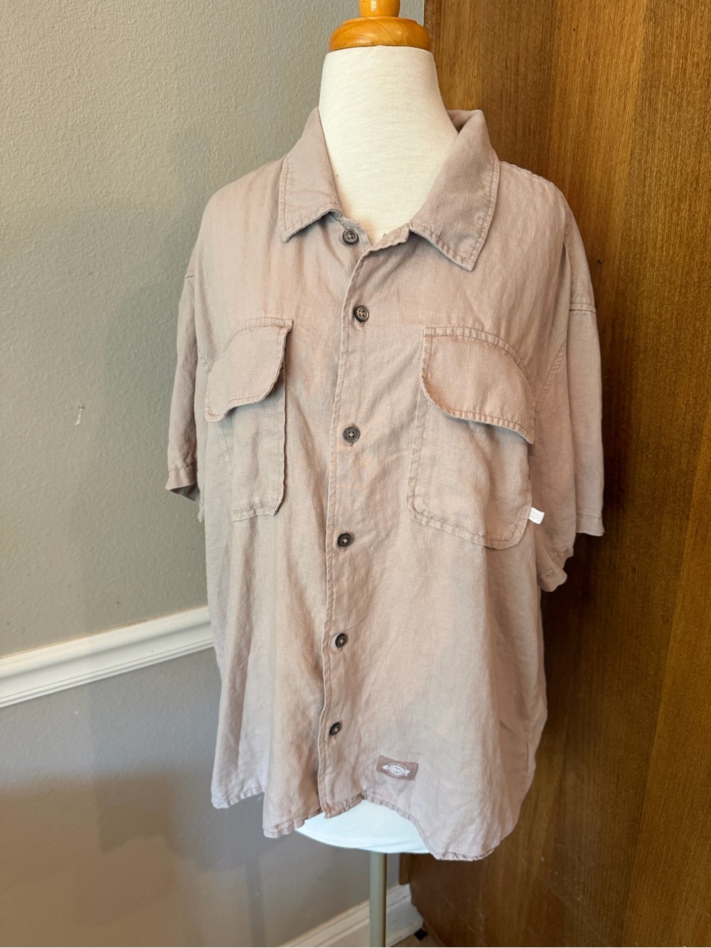 Dickies 100% Linen Button Down Utility Shirt Beige Taupe